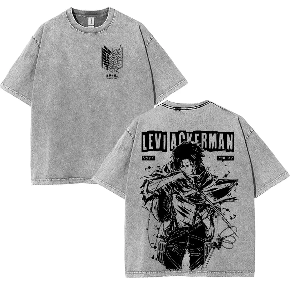 Attack On Titan Levi Ackerman Strongest Solider captain AOT Anime Manga game Double Printed Vintage Washed Tee Unisex Cotton graphic tees Top streetwear T-shirt