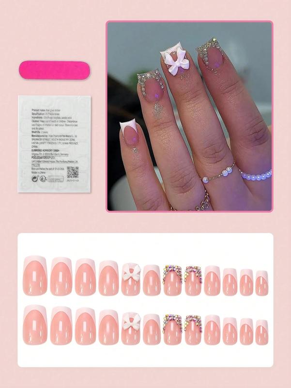24Pcs Medium Square Press-On Nails | White French Tip with Rhinestone & Bowknot