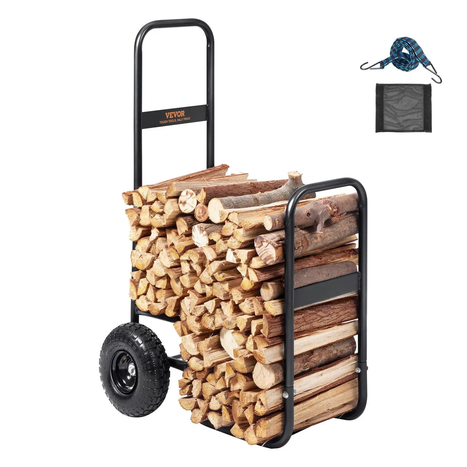 【SummerFinds】VEVOR Heavy-Duty Carbon Steel Firewood Log Cart, 250 lbs Load Capacity, 10.5 in Pneumatic Rubber Tires, 17.4 lbs, 26.4 in Depth, 43.3 in Height, Indoor/Outdoor Metal Wood Storage Mover Dolly Hauler, Black (Father's Day Home Renovations Pick),