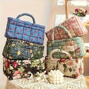 Vintage Floral Print Quilted Storage Basket, Foldable Snack Basket, Laundry Basket, Bathroom Organizer, Bedroom Essential, Women and Girls Use