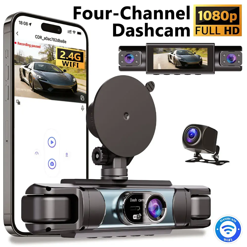 4 Channel Dash Cam 1080P FHD 360° Surround View, 3.18" IPS Display, Built-in 2.4GHz WiFi App Control, WDR, Loop Recording, Reverse Assist, 4 Lens Front Rear Inside Left Right Car Driving Recorder