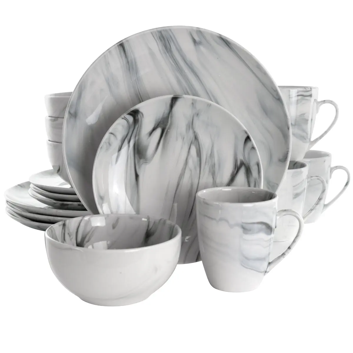 Elama 16 Piece Fine Marble Stoneware Dinnerware Set, Black & White