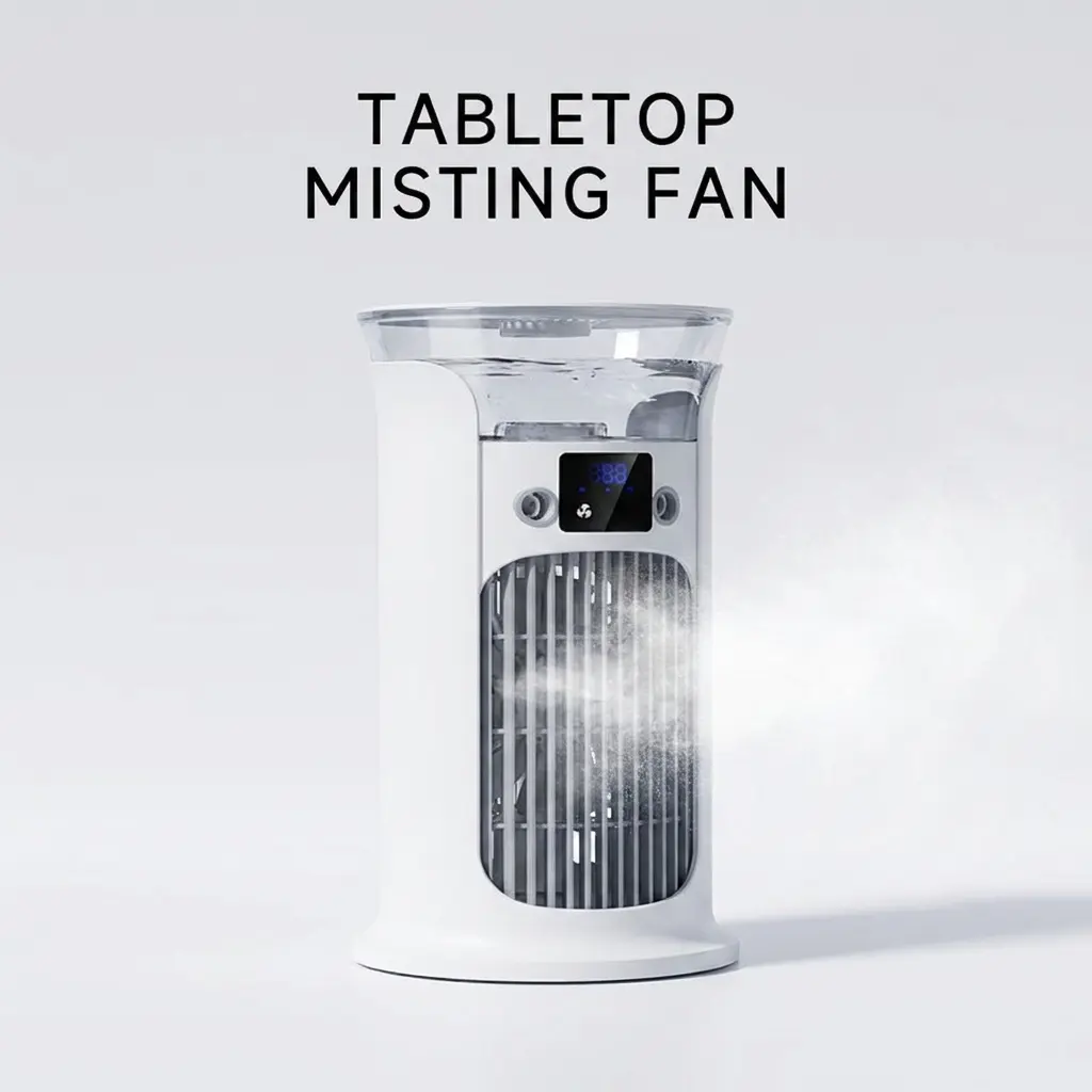 MREGB Portable Air Conditioner Fan USB Rechargeable Desktop Mist Fan Multifunctional Personal Air Cooler Humidifier Quiet Cooling Mobile Table Fan 3 Speeds Dual Fine Mist Nozzles Water Tank Digital Display Home Office Dorm Camping