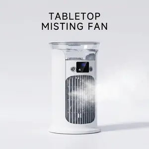 MREGB Portable Air Conditioner Fan USB Rechargeable Desktop Mist Fan Multifunctional Personal Air Cooler Humidifier Quiet Cooling Mobile Table Fan 3 Speeds Dual Fine Mist Nozzles Water Tank Digital Display Home Office Dorm Camping
