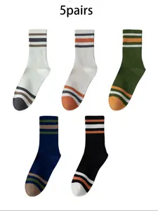 5 pairs of fashionable striped mid tube socks with simple style, fitted, comfortable and breathable athletic sports socks suitable for fitness, running, daily commuting, couples' leisure socks Activewear Sportswear