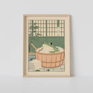 Japanese Frog in a Bathtub Print, Japanese Bathroom Wall Art, Japandi Art, Relaxing Poster, Japanese Wall Decor, Bathroom Decor