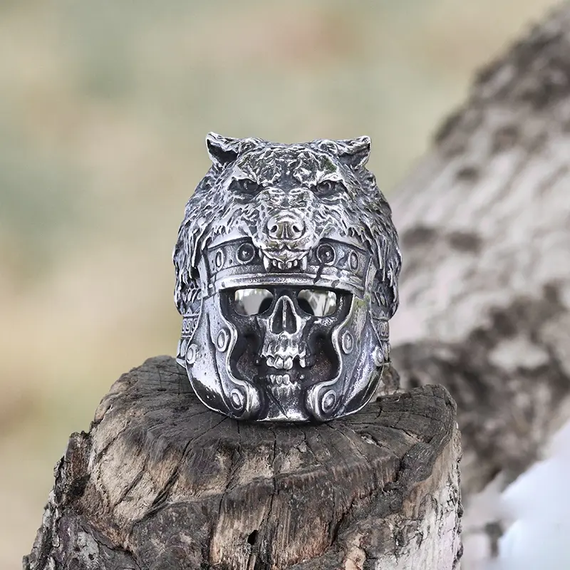 GTHIC Vintage Punk Style Warrior Wolf Head Stainless Steel Skull Ring for Men, Biker Unique Rings, Statement Jewelry Accessories, Punk Style Ring