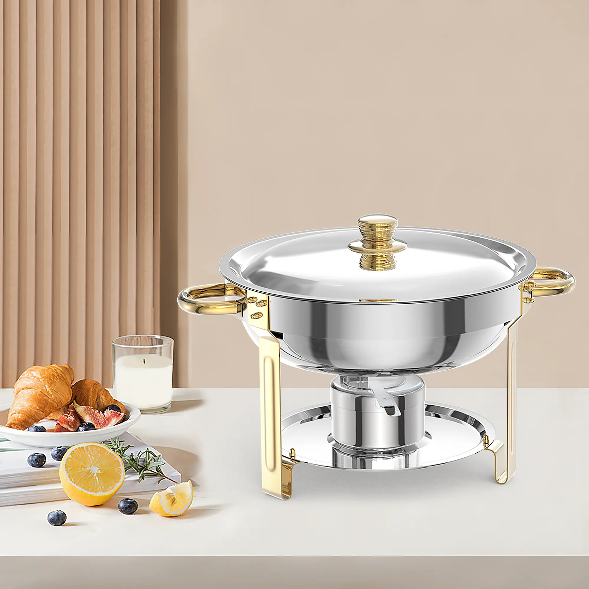 Garvee 6-Pack 5QT Gold Stainless Steel Chafing Dishes – Round Buffet Food Warmers with Glass Lids, Holders, Spoons & Tweezers – Commercial Catering Servers for Weddings, Parties, Banquets – Complete Set