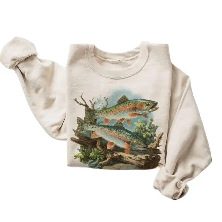 Vintage Rainbow Trout Underwater Scene Sweatshirt - River Trout Fish Habitat Outfit - Fly Fishing Gift - Boho Unisex
