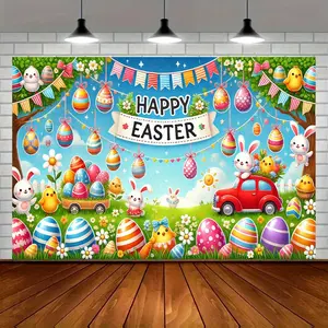 Easter Celebration 8x6ft Polyester Banner - Vibrant Egg & Bunny Design, Perfect for Parties, Home, Garden, and Outdoor Decor