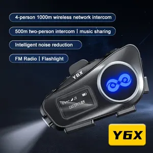 MOKATA Y6x Bluetooth Headset 1000M 4-Person Group Intercom LCD Display FM Radio LED Flashlight AI Voice Music Sharing Split Mount Dual Phone Connect 10M Wireless Range 1000mAh 300H Standby 22H Playtime Auto Answering Third Party Compatible