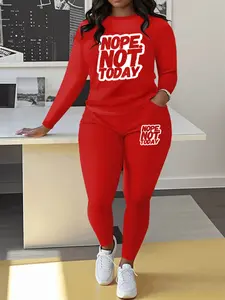 Women's Fall Winter Fitted Letter Print Long Sleeve Casual Pocket Jogger Pants Set, Elegant Plus Size Sportswear Two-Piece Suit, Sweat Suit, Sweatsuit Set Outfit