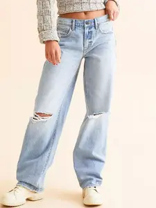 Women's Denim Jeans Pants with Pockets, Ripped Design & Button, Casual Streetwear Straight-Leg Fit, Versatile Daily Wear, Comfortable Loose Style