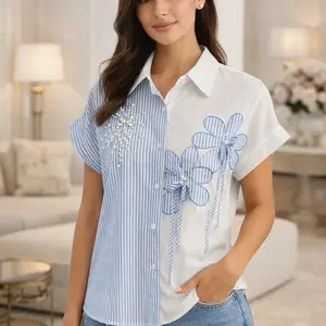 Elisa007-Short-sleeved shirt with stripes and pearl and bow embellishments 100%Polyamide