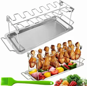 Chicken  Rack for Grill with Drip Tray, 14 Slots Stainless Steel Chicken Wing Rack, Chicken Drumstick Holder for ,Chicken Drumstick Rack BBQ Accessories