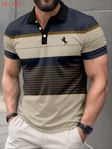 Large Size Men's Colorblock Striped Polo Shirt, Horse Print Printed Polo Shirts Business Casual Short Sleeve, European Style Summer Top