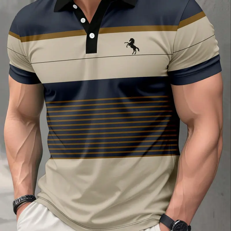 Large Size Men's Colorblock Striped Polo Shirt, Horse Print Printed Polo Shirts Business Casual Short Sleeve, European Style Summer Top, Summer Polos