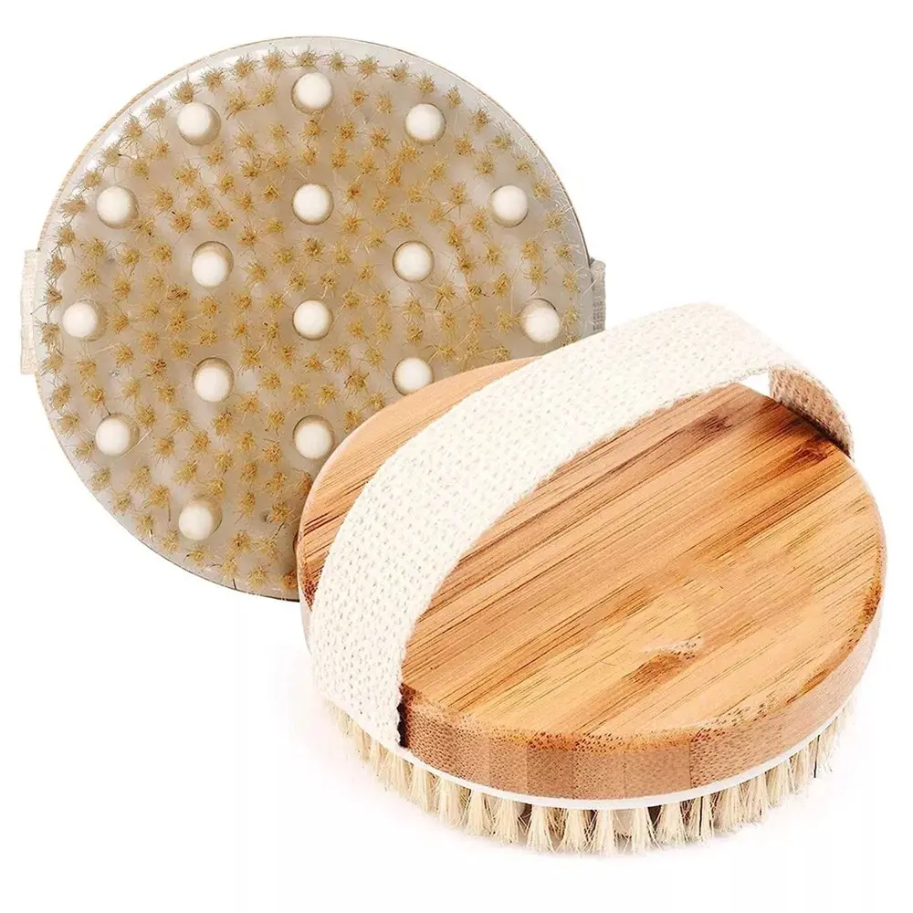Boar Bristle Solid Wood Dry Brush - Exfoliating Bath Brush, Body Scrubber for Lymphatic Massage, Cellulite Removal, with Canvas Strap for Personal Use