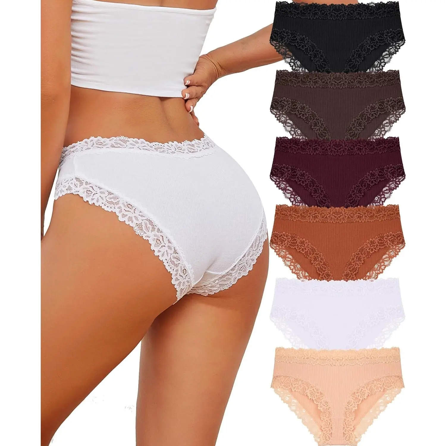 Women's Cotton Lingerie Pack - Cute Sexy Slim Girl's Everyday Bikini Panties, Comfortable Cheeky Hipster Bottoms, Lace Waist, Breathable Soft Fabric, Flattering Leg Fit