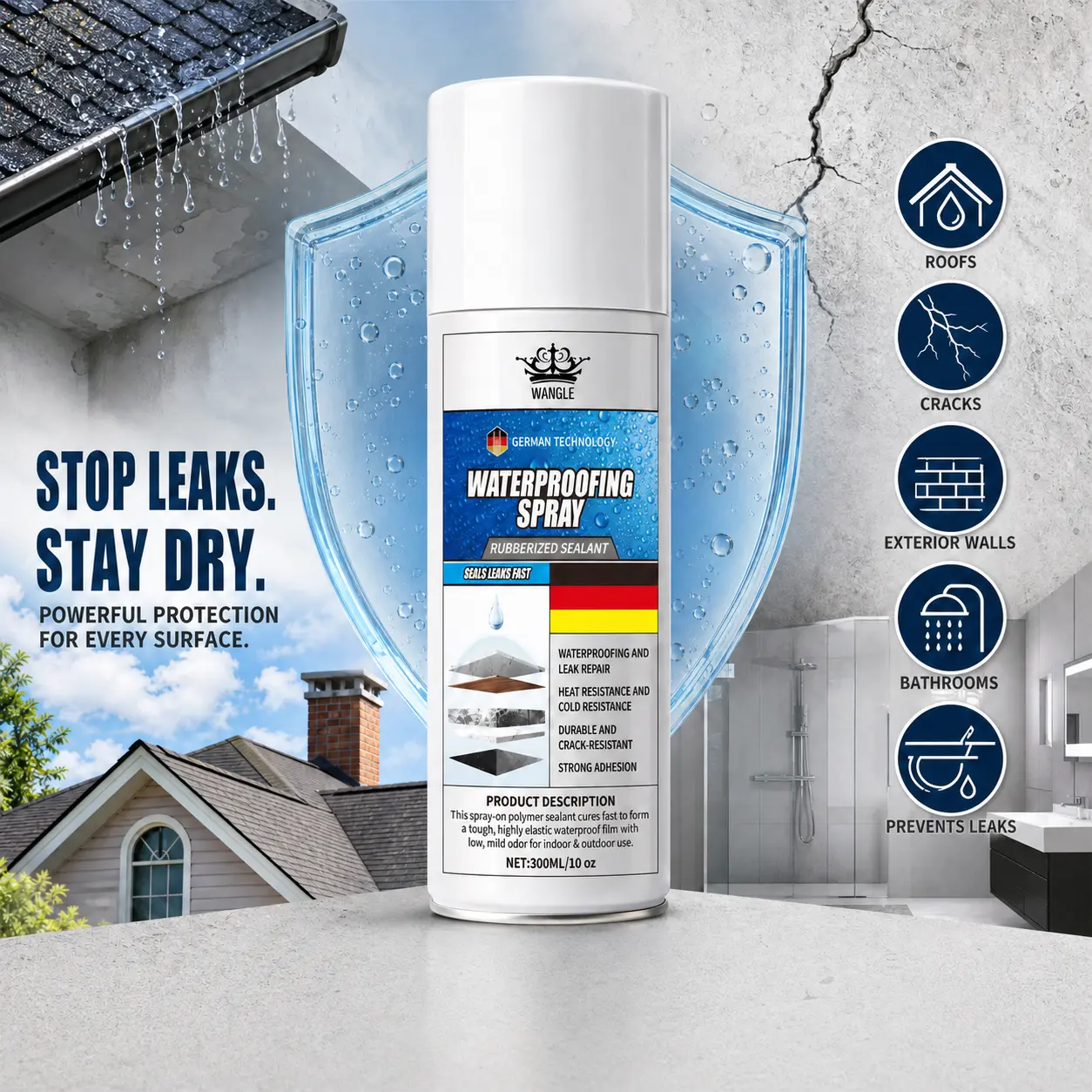 Wangle Waterproofing Spray ,Rubber Sealant Agent with Strong Adhesion, Easy‑Apply Concrete Sealant , Multi‑Surface Protective Coating for Indoor & Outdoor Home Repair,Stop Leaks Stay Dry for Roofs Cracks Exterior Walls Bathrooms Prevents Leaks