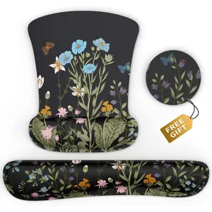 Keyboard Wrist Rest Support Ergonomic Mouse Pad Desk Memory Foam Keyboard Set Mousepad with Wrist Rest for Computer Keyboard Black Flower PULAIXIN