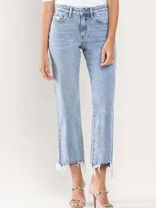 High Rise Cropped Distressed Hem Dad Jeans