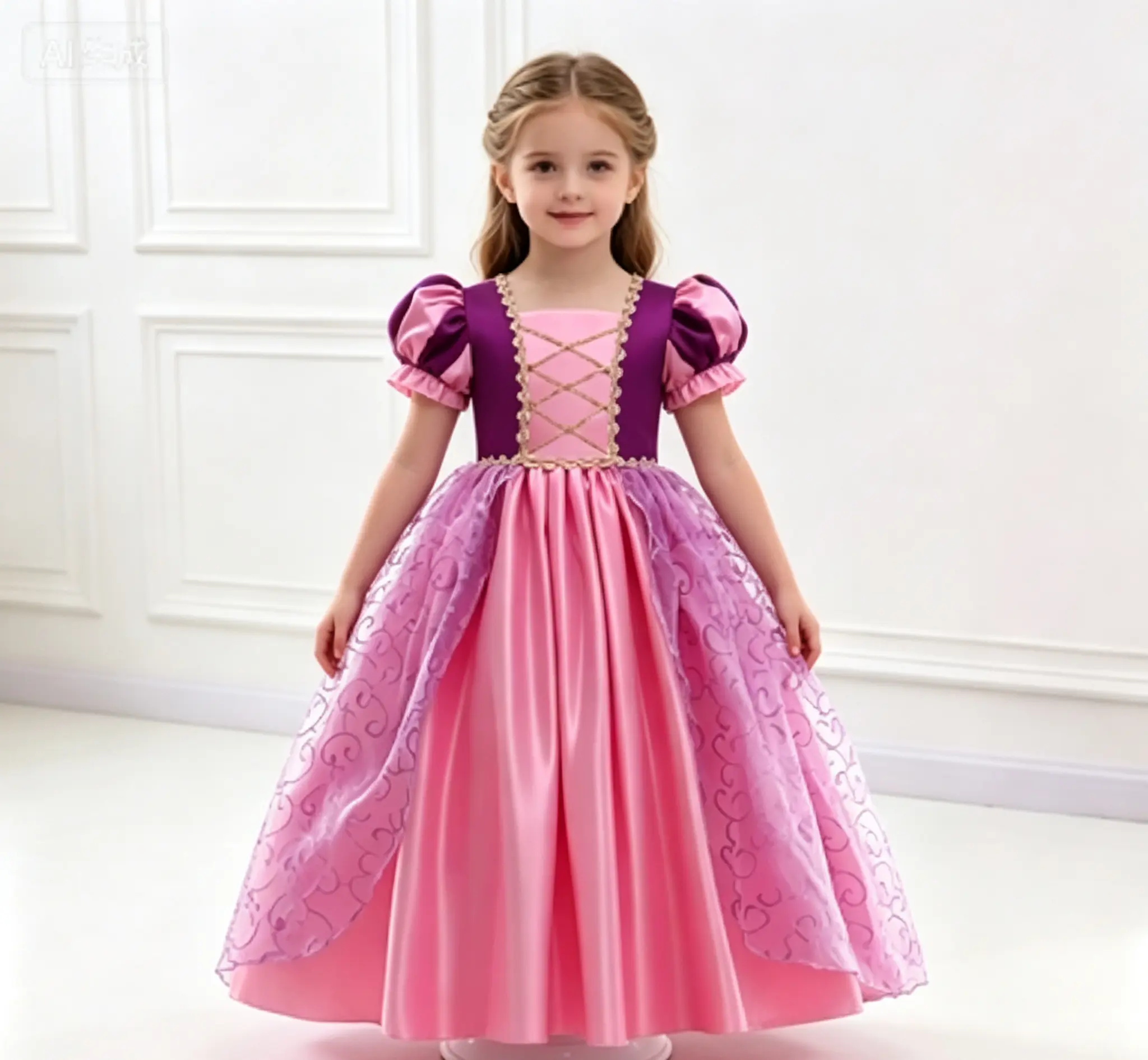 Girls Princess Costume Dress, Puff Short Sleeve Satin Tulle Ball Gown, Gold Criss‑Cross Lace Decor, Kids Party Cosplay Dress for Birthday Halloween