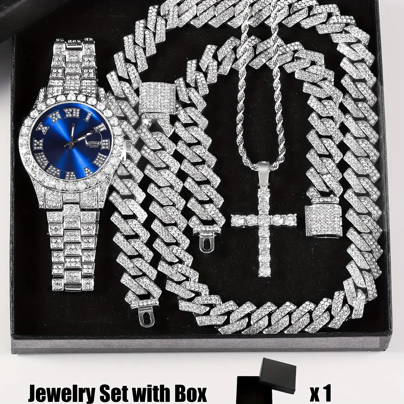 Rhinestone Pendant Jewelry Set for Men & Women - 4pcs Set with Cross Necklace, Chain Necklace & Link Bracelet for Fashion Analog Luxury Watches for Party, Daily Decor, for Gift Cuban Chain
