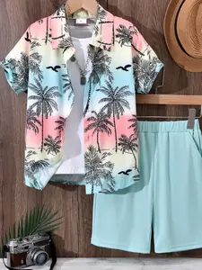 Two-piece Set Boy's Plants Print Shirt & Shorts Set, Casual Short Sleeve Collared Top & Shorts for Summer, Kids Clothes for Beach Vacation, Fashion