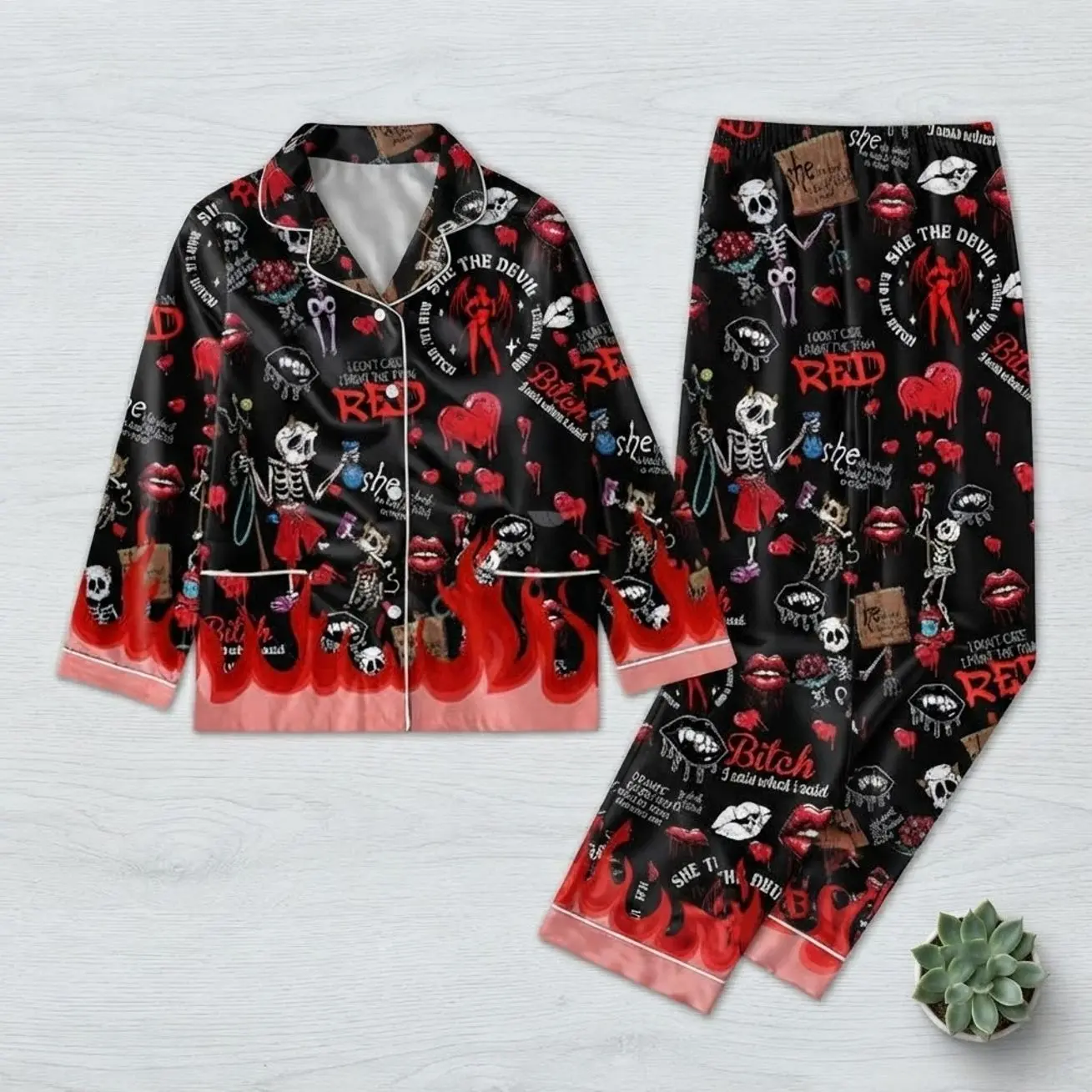 Gothic Red Flame Skeleton Halloween Matching Pajamas Set