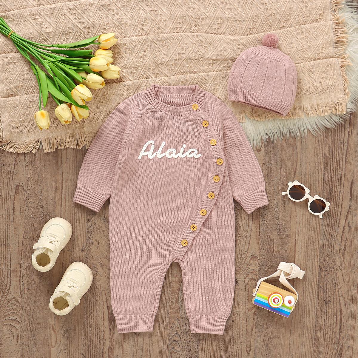 Mimixiong Handmade Embroidery Custom Baby Name Romper Sweater Coat, Newborn Soft Knitted Fabric, Comfortable Fit, Unique Baby Sweater Set with Baby Hat