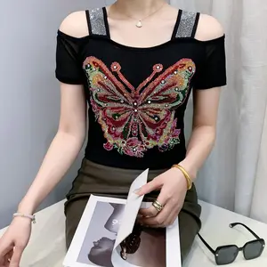 Women's Elegant Off-Shoulder Butterfly Sequin T-Shirt  Slim Fit, Short Sleeve, Vibrant Floral Butterfly Design, Sparkling Shoulder Straps, Perfect for Spring/Summer/Fall Fashion, Tshirt Womenswear women's tops Shortsleeve Skinny cute summer outfit