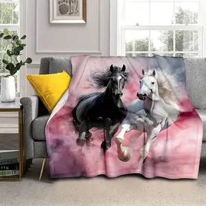 1 Piece Cozy Black-White Horse Pink Printed Blanket, Lightweight Flannel Blanket for Sofa, Bed, Living Room, Office, Chair, Couch, Travel, Camping and Bed, Digital Printed Fleece Blanket with Soft and Warm Flannel Fabric, Gifts for Family or Friends