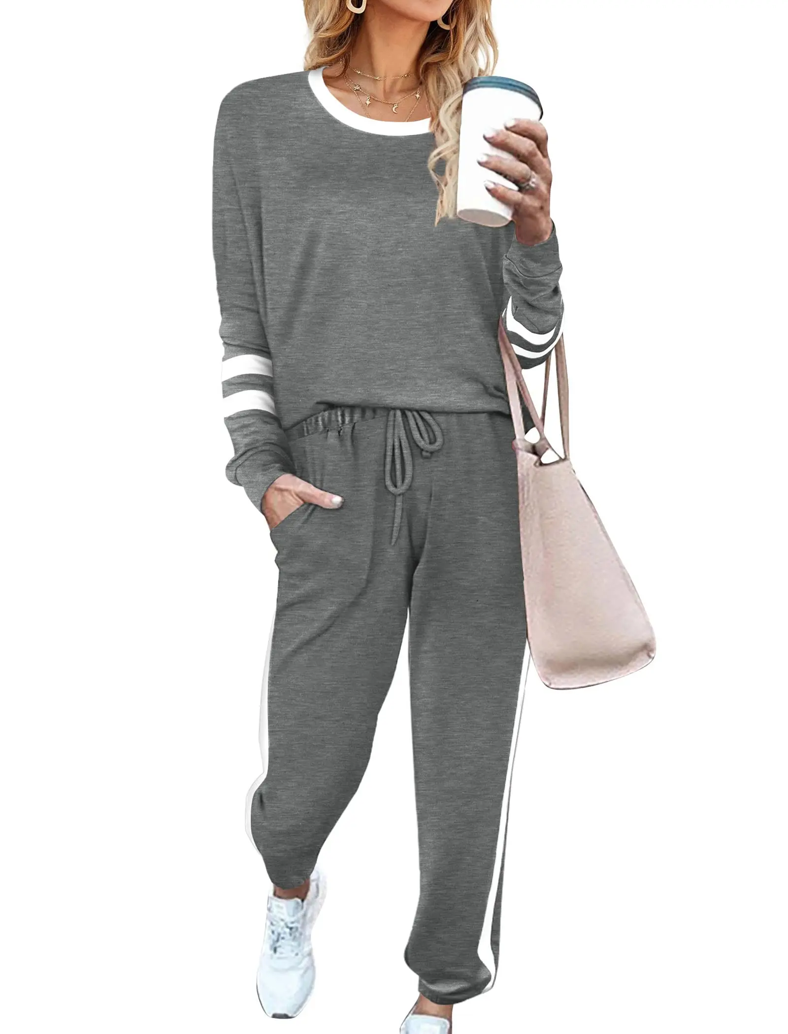 Women’s Grey Striped 2-Piece Tracksuit Set, Crew Neck Long Sleeve Striped Top & Drawstring Jogger Pants with Side Pockets, Soft Loose Casual Loungewear Outfit for Home, Shopping, Travel & Daily Street Wear