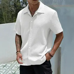 Men's Textured Button Front Shirt, Casual Classic Regular Fit Short Sleeve Collared Top for Summer, Summer Leisure Top 2026, National Day Clothing, Men's Clothes for Daily Wear Menswear