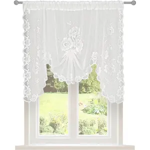 White Semi-Sheer Floral Lace Curtain Swag for Kitchen Half Window Bathroom Decoration Rod Pocket,39 x 39 Inch, 1 Panel