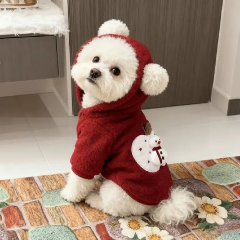 Christmas-themed Red Hooded Dog Coat with Snowman Design for Festive Pet Outfits
