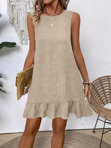 Women's Ruffle Hem Sleeveless Vest Dress with Tie, Adjustable Fit Casual Summer One-Piece, Stylish, Comfortable and Casual Wear Womenswear Fashion Apparel