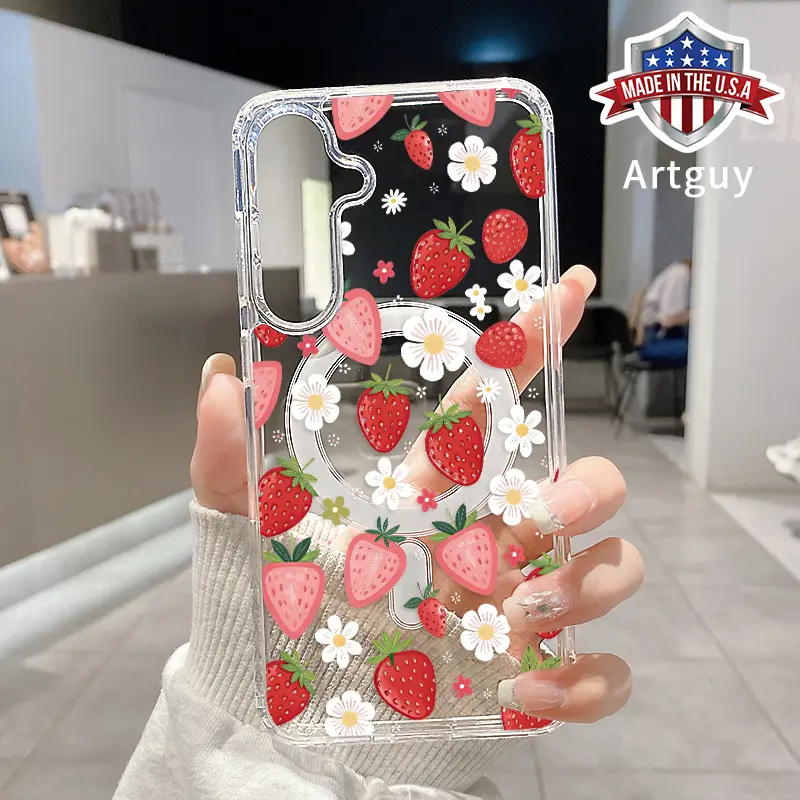 Magnetic Phone Case for Samsung Galaxy S24 Plus S25 Ultra S23 FE Ultra S22+ Strawberry Daisy Pattern TPU Shockproof Anti-Scratch Stylish Smartphone Cover