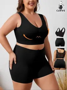 [Plus Size] Solid Brami Tank Wireless Bra & Panty Seamles Set, Wide Strap Comfortable No Padded Bra & Soft Stretch Boxer Briefs Set, Fashion Casual Comfy Breathable Bra & Knicker Set for Daily Wear, Women's Underwear Set for All Seasons, Undergarments
