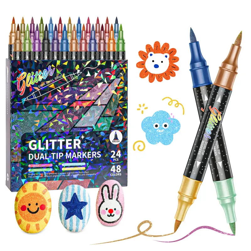 24/48/72/96 Colors Glitter Effect Brush Markers,Dual Tip Dual Color 1-5mm Soft Brush Shimmer Marker Art for Doodle Writing, Art Markers Set, Art Materials, Glitter Art Crafts Adults DIY Crafts Greeting Birthday Cards Making DIY Painting Supplies