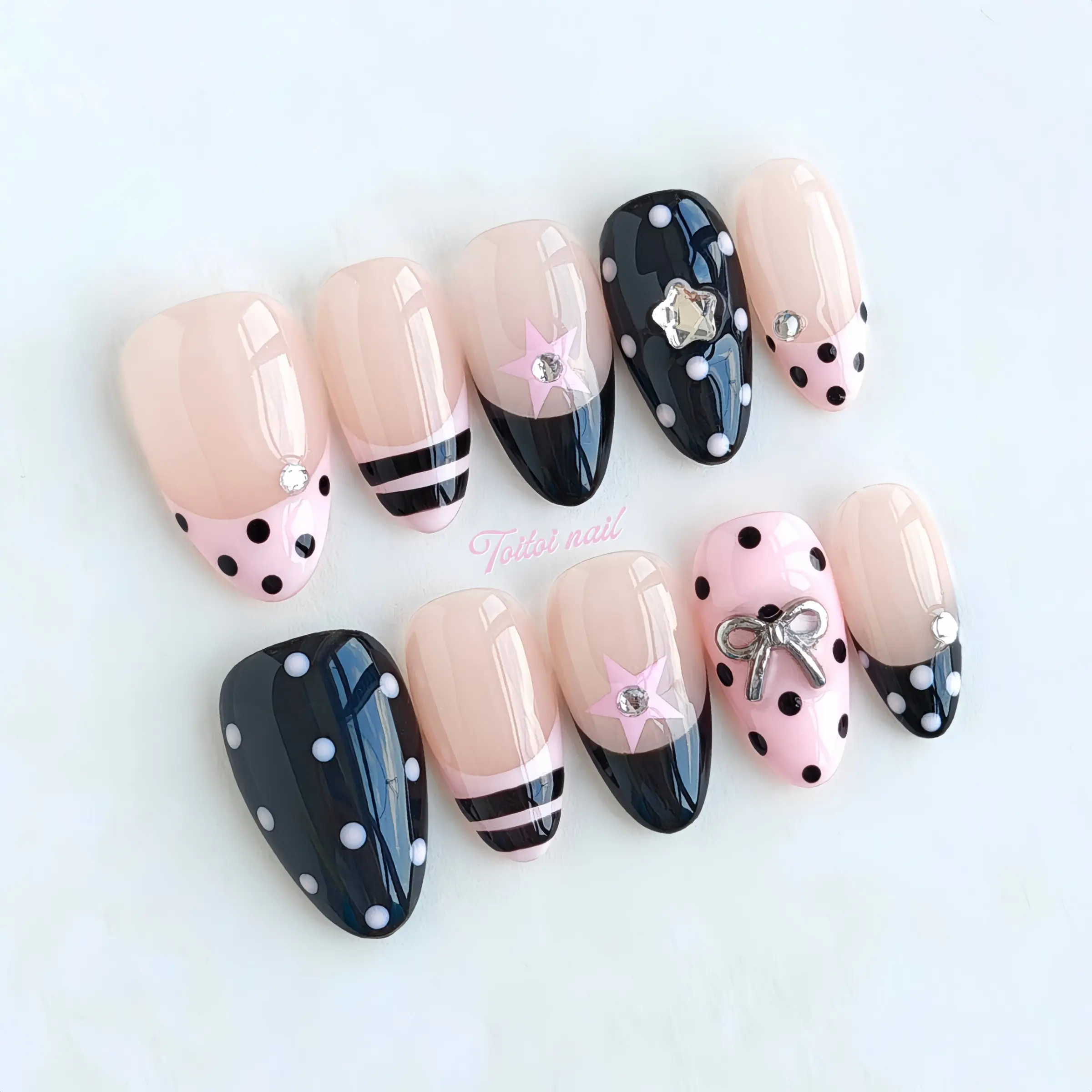 Star Pop Handmade Press-On Nails | Short Almond Shape, 10pcs | Spring Summer Trending Black Pink Star Polka Dot Bow | Y2K Aesthetic & Baddie Nails | High Gloss Mirror Finish | Reusable DIY Manicure Kit for Women Daily Wear | Trendy Cute Glossy False Nails