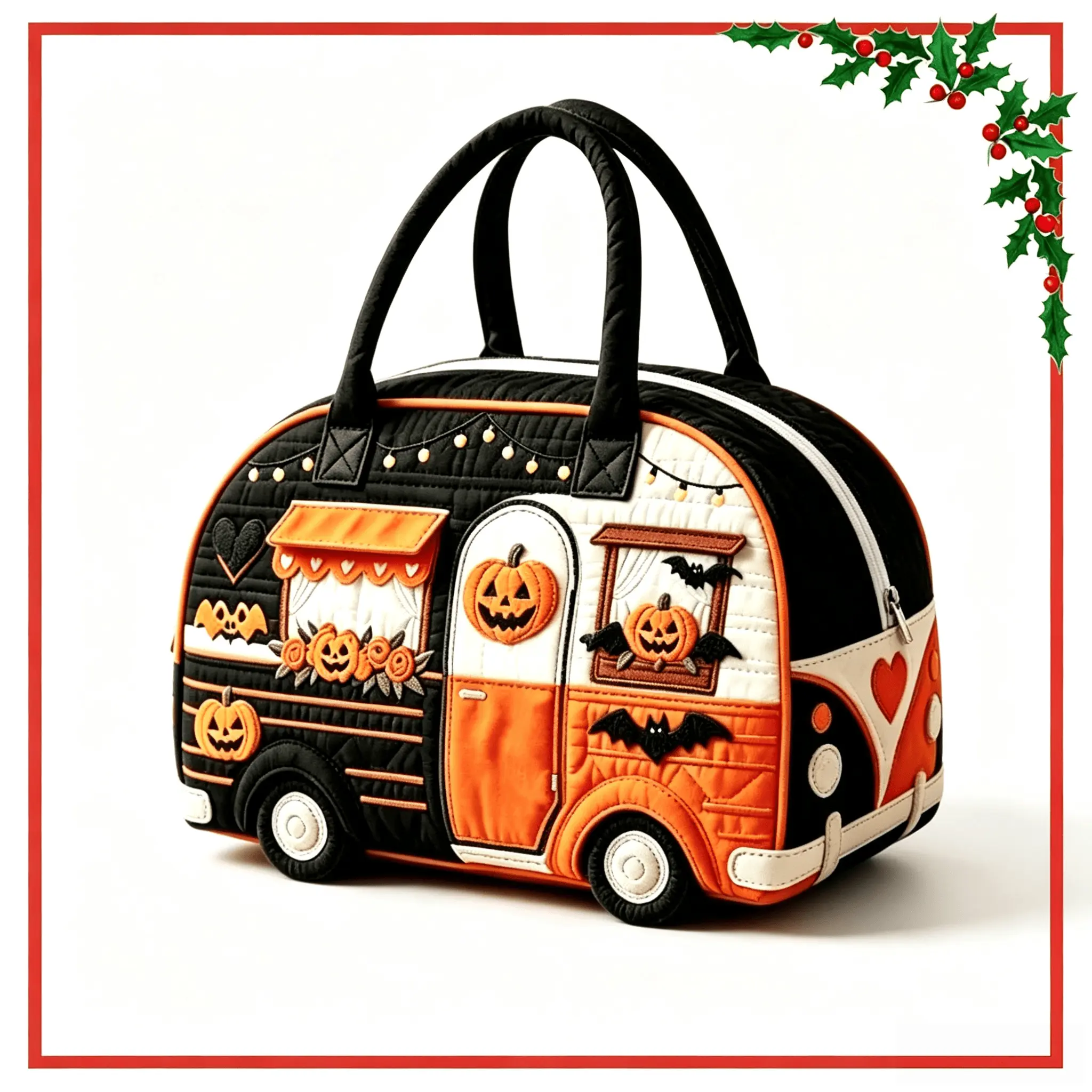 Spooky Retro Women's Halloween Pumpkin Motifs Embroidered Tote Bag - Vintage Camper Theme Handbag, Spacious Inside for Halloween Party & Daily Use Creepy Cute