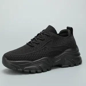 Women's All Black Chunky Sneakers – Breathable Knit Mesh Lightweight Slip-on Shoes – Thick Sole Casual Walking Sneakers for Running, Gym, Work, Travel Training Runner Girl