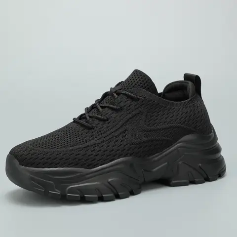 Women's All Black Chunky Mesh Round Toe Sneakers - Breathable Knit, Lightweight Lace-Up, Thick Sole Ankle Shoes for Women, EU39/US8 Active Casual Trainers for Running, Gym, Casual Walking