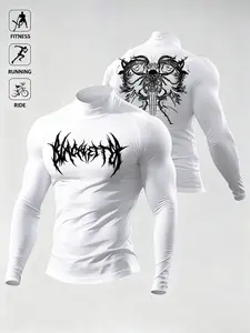Viral Aesthetic Gothic Compression Long Sleeve, Quick-Dry Stretch Workout Top, Skull Print Gym/Running Activewear, Moisture-Wicking Gym/Outdoor Athletic Shirt, Y2K Dark Graphic Sportswear, Fitness Clothes Tops