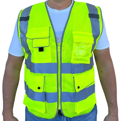 Yellow Mesh High Visibility Safety Vest, ANSI/ ISEA 107-2020 With 5 Pockets Work Gloves Reflectors