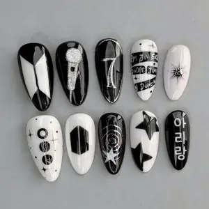 jasonj.nail Black White Graphic Press-On Nails, Abstract Line and Text Design with Glossy Finish, Edgy Street Style Aesthetic, Bold Contrast Nail Art, Custom Handmade Set for Trendy Looks