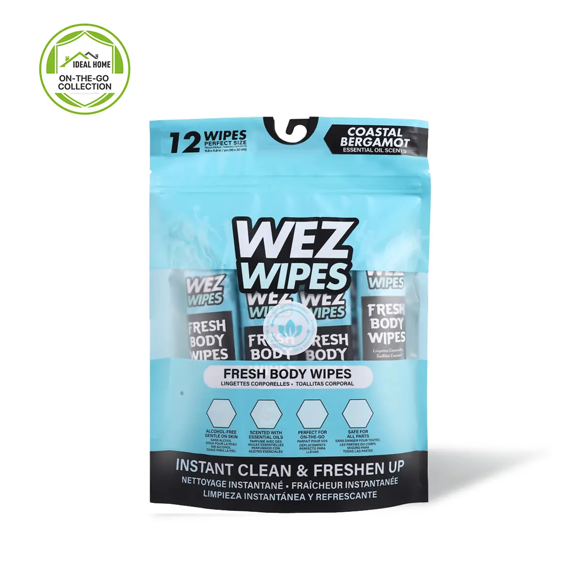 WEZ WIPES Coastal Bergamot Fresh Extra Large Body Wipes | 12 Alcohol-Free Biodegradable Body Cleansing Wipes with Essential Oil Scent | No Rinse Bath Wipes for Gym, Travel, Camping & On-the-Go