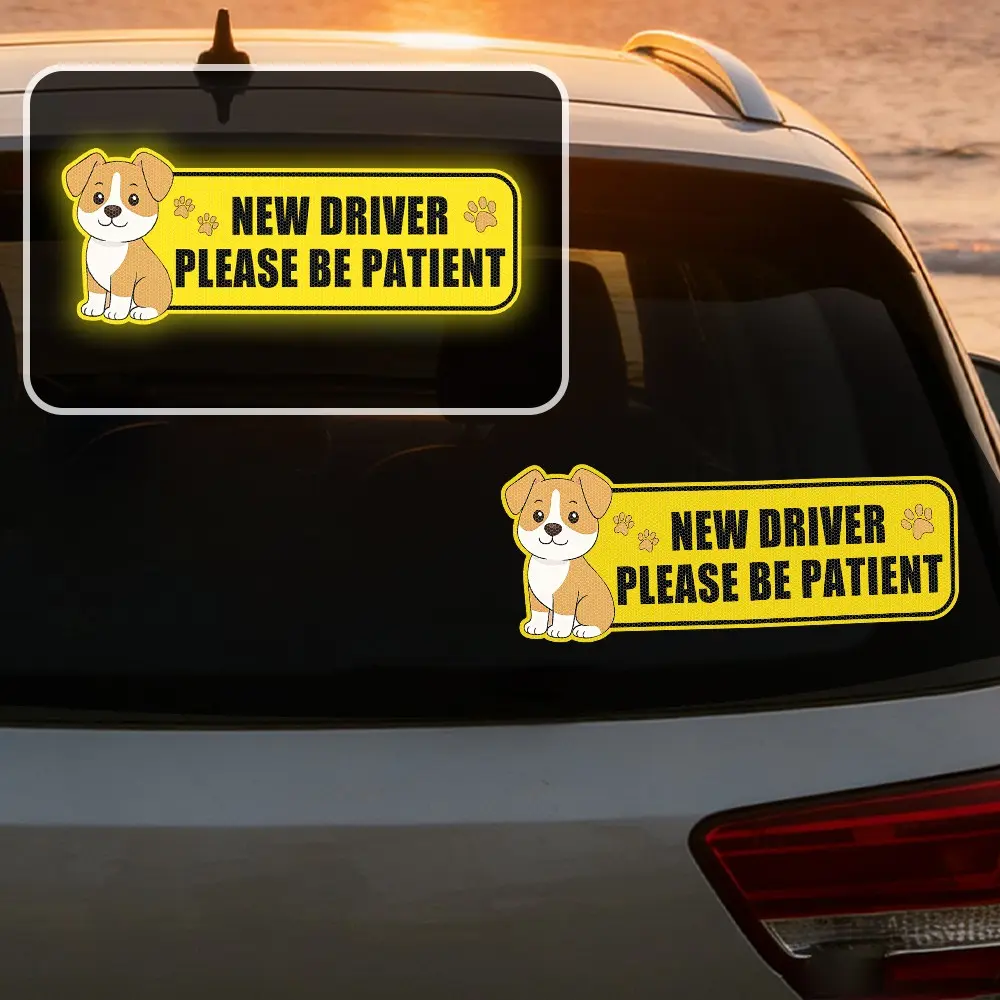 Dog Pattern Reflective New Driver Car Sticker, Safety Reminder Decal, Waterproof Car Sticker Please Be Patient, Night Visibility Reflective Car Window Bumper Decal, Stickers For Cars